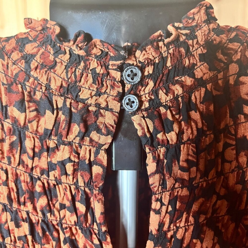 A New Day Smocked Midi Dress Rust Black Floral Long Sleeve Fall Cottagecore Boho - Picture 5 of 11